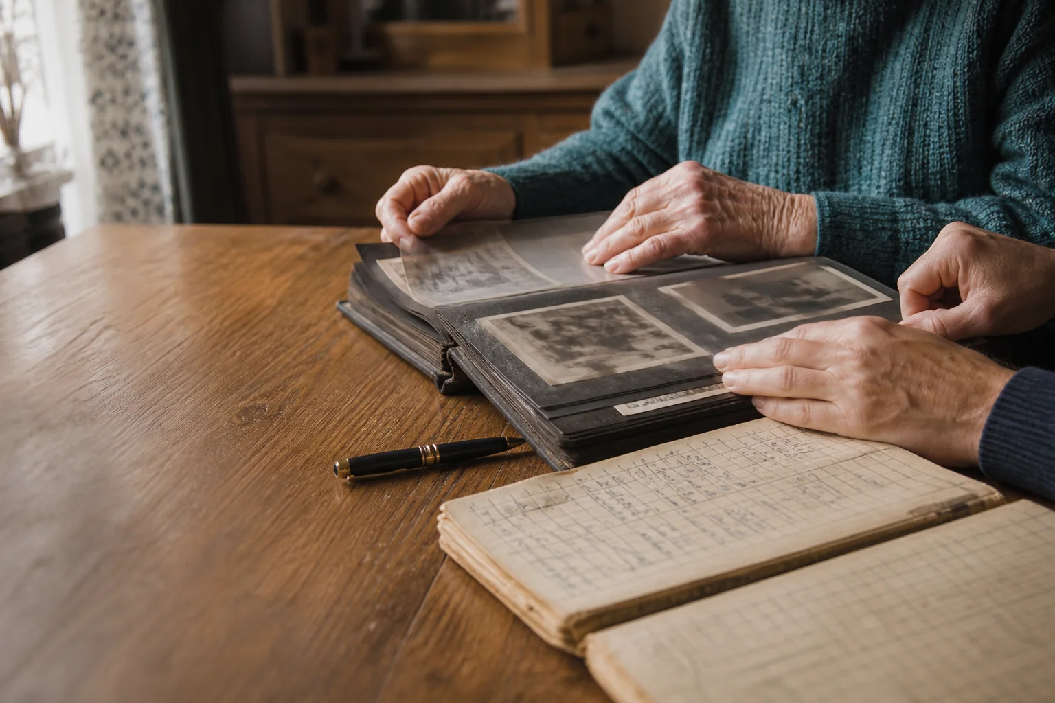 Two generations looking through a family photograph album