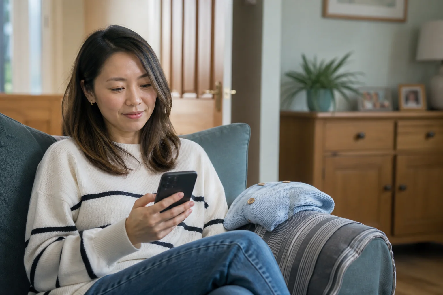 A customer finding answers on her phone at home