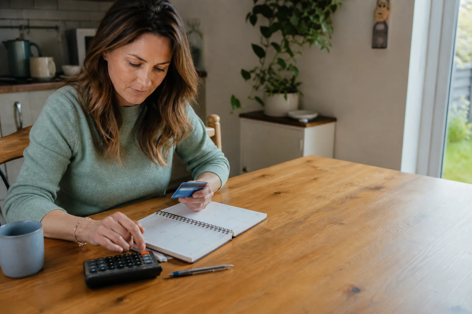 A customer calmly planning her weekly household budget