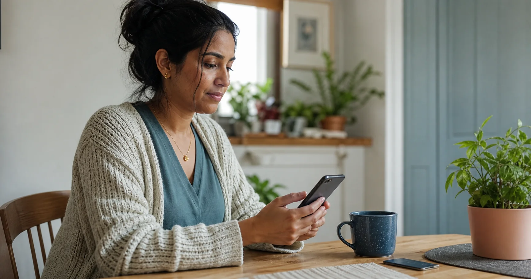 A customer securely using Open Banking from her phone at home