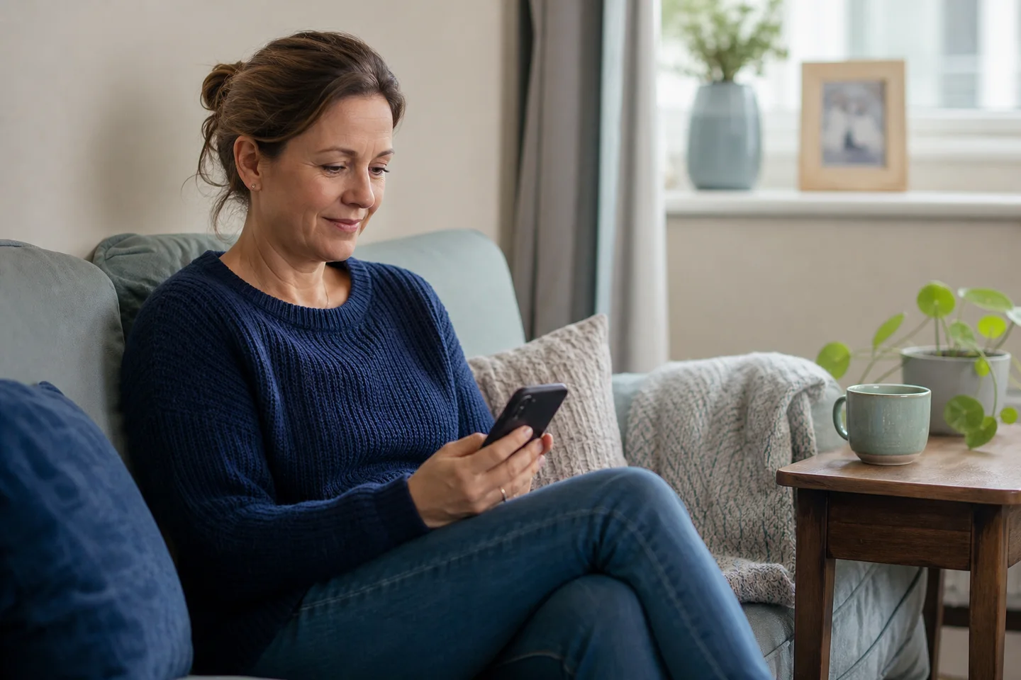 A customer comfortably using her phone at home
